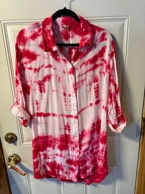 Kaktus XL Pink White Tie Dye Blouse Boho Lightweight Button Front Top
